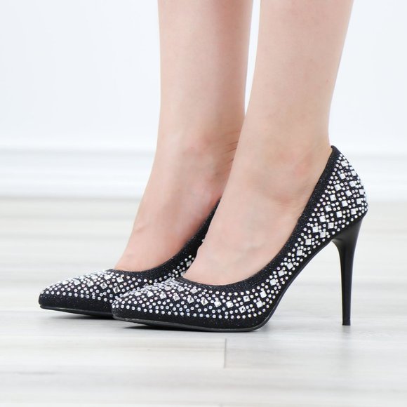 Sparkly Diamond Rhinestone Glitter  Black Pointy Toe Needle High Heel Stiletto - Picture 11 of 15